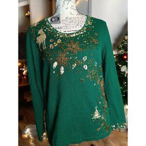 Berek 2 Medium Green Gold Beaded Christmas Sweater Flower, Deer Sequin, Holiday